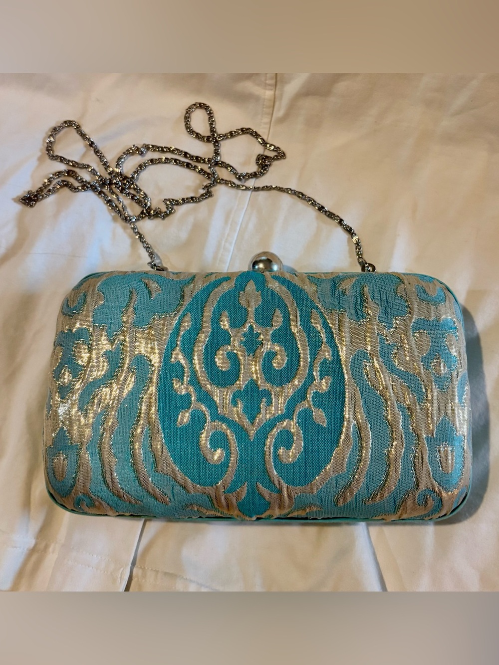 Roberta Freymann Turquoise and Gold Embossed Clutch/Chain Crossbody- Kiss lock